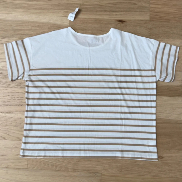Loft New Casual Basic White Tan Striped Round Neckline Boxy Tee Size XL Relaxed - Picture 8 of 9